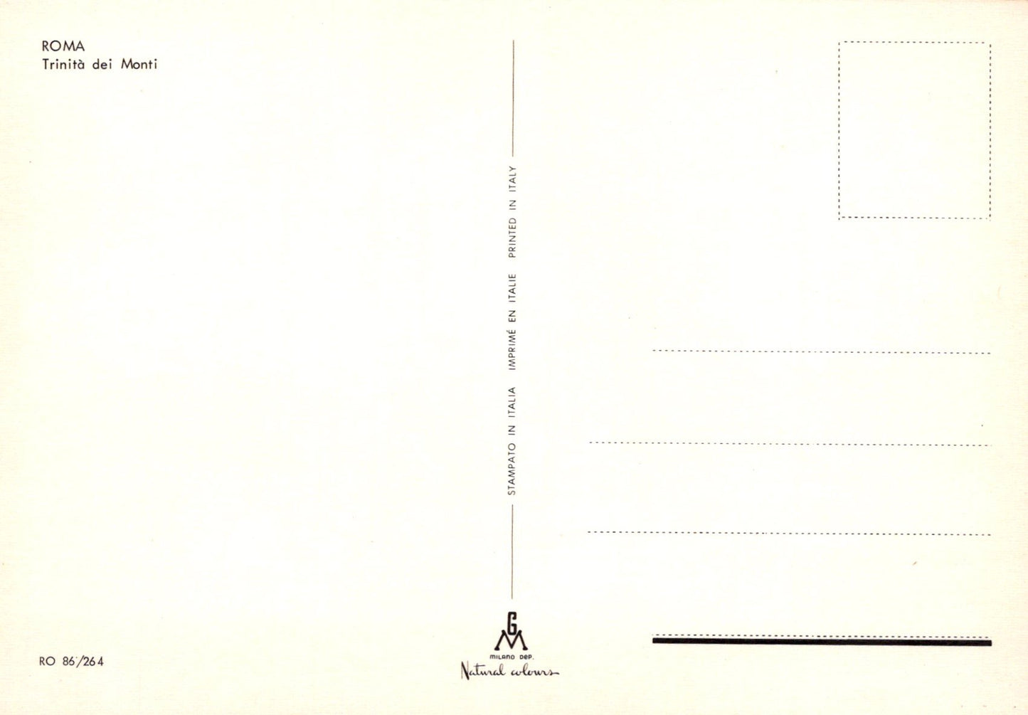 Back of a postcard with 'Roma Trinitá dei Monti' text on a yellowish background