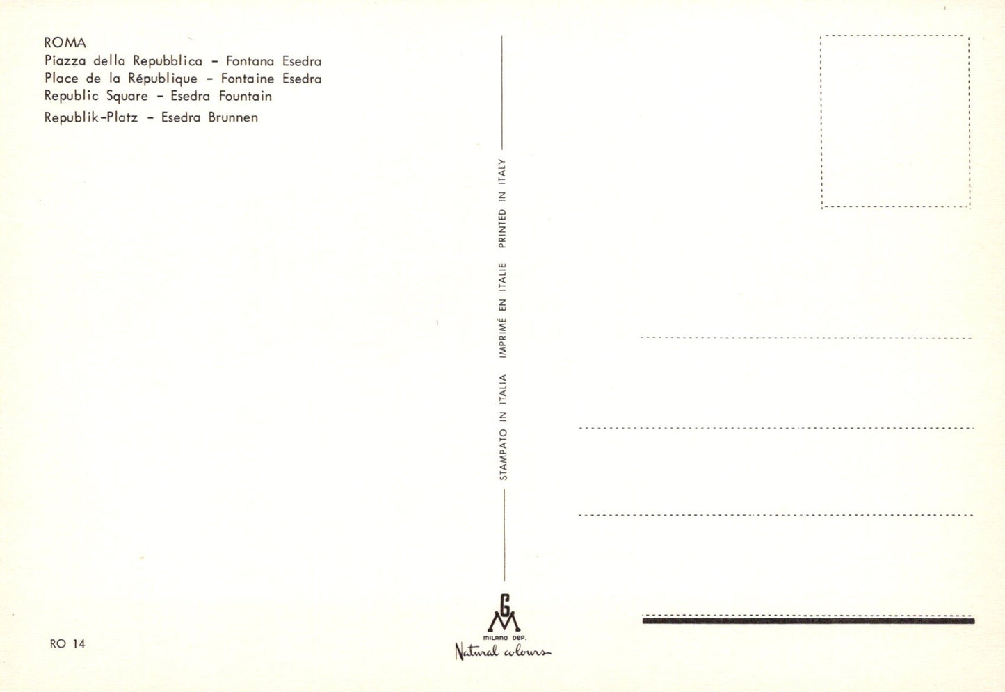 Back of a postcard with text and a logo, featuring a gradient background.