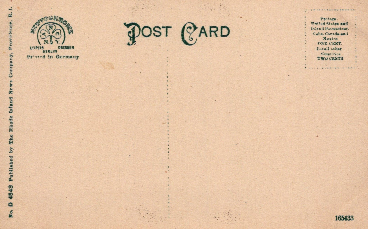 Back of a vintage postcard with text and a logo on a beige background