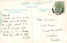 Load image into Gallery viewer, Vintage postcard with handwritten text and a stamp, printed in England.