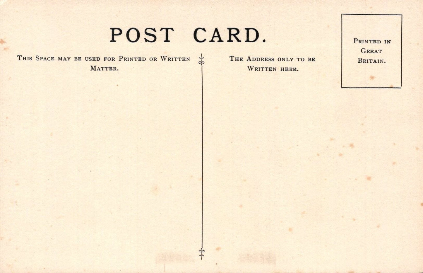 Vintage postcard with printed text and a vertical line for writing on it.