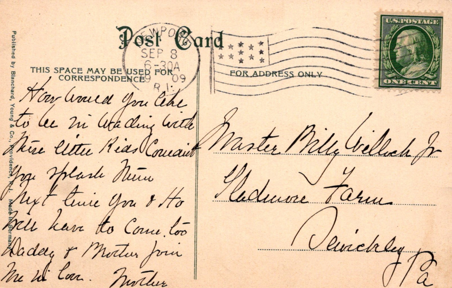 Vintage postcard with handwritten text and postage stamp, featuring a flag design.