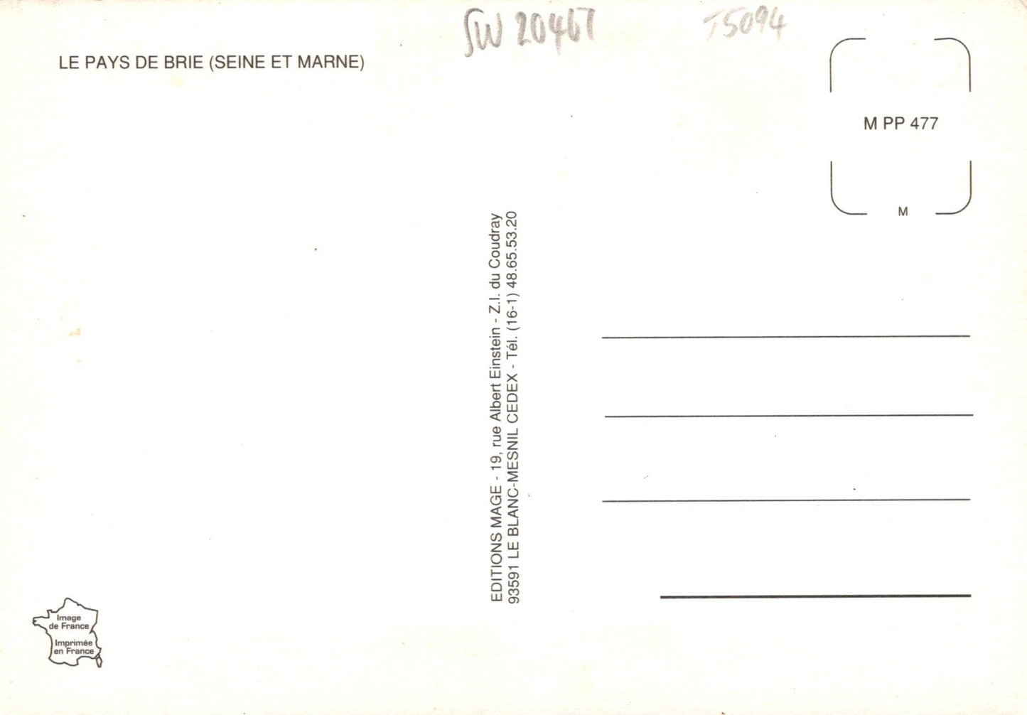 Back of a postcard with text and a small logo on a white background