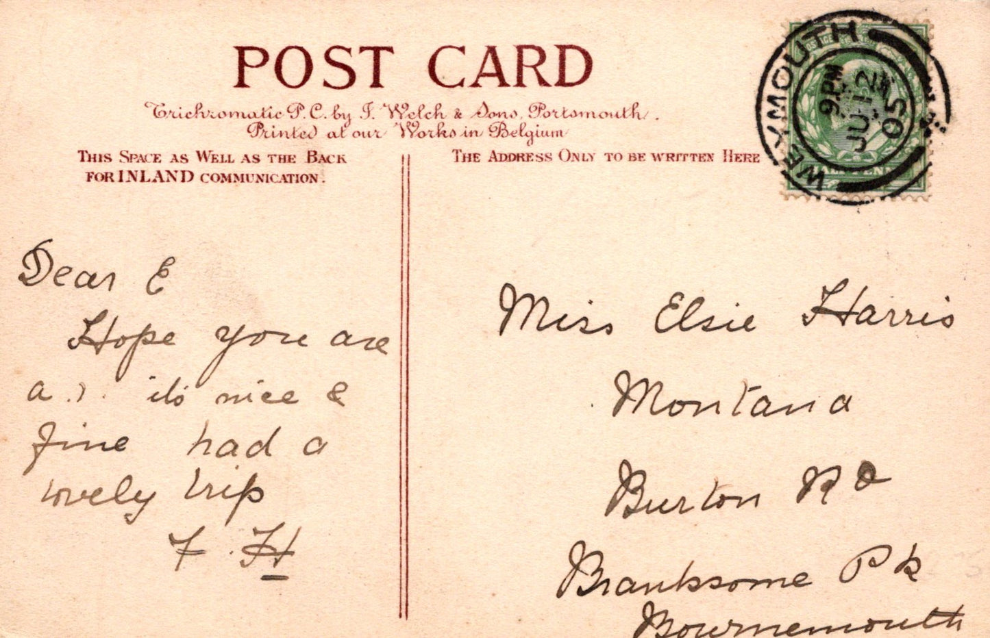 Vintage postcard with handwritten text and a stamp, featuring a message to Miss Elsie Harris.