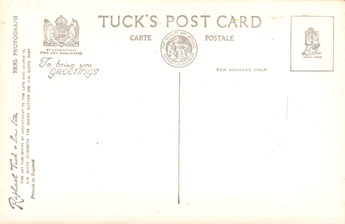 Back of a Tuck's postcard with text and logos