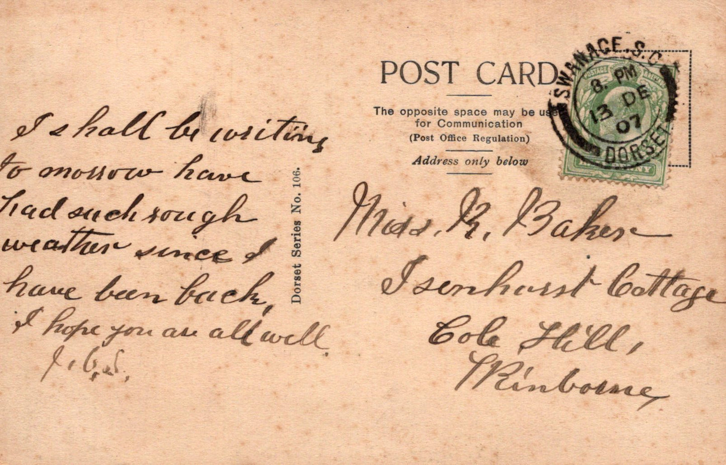 Vintage postcard with handwritten text and a stamp, featuring a brown background.