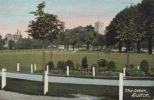 Load image into Gallery viewer, Vintage postcard of a park with trees and buildings in the background, labeled 'The Green, Sutton'.