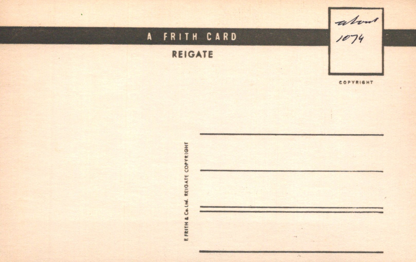 Back of a Frith card with text and design elements on a beige background