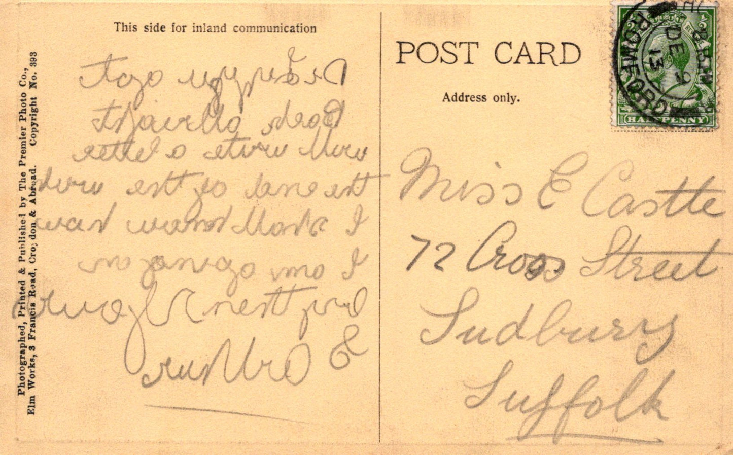 Vintage postcard with handwritten text and a stamp, addressed to Miss E. Castle at 72 Cross Street, Sudbury, Suffolk.