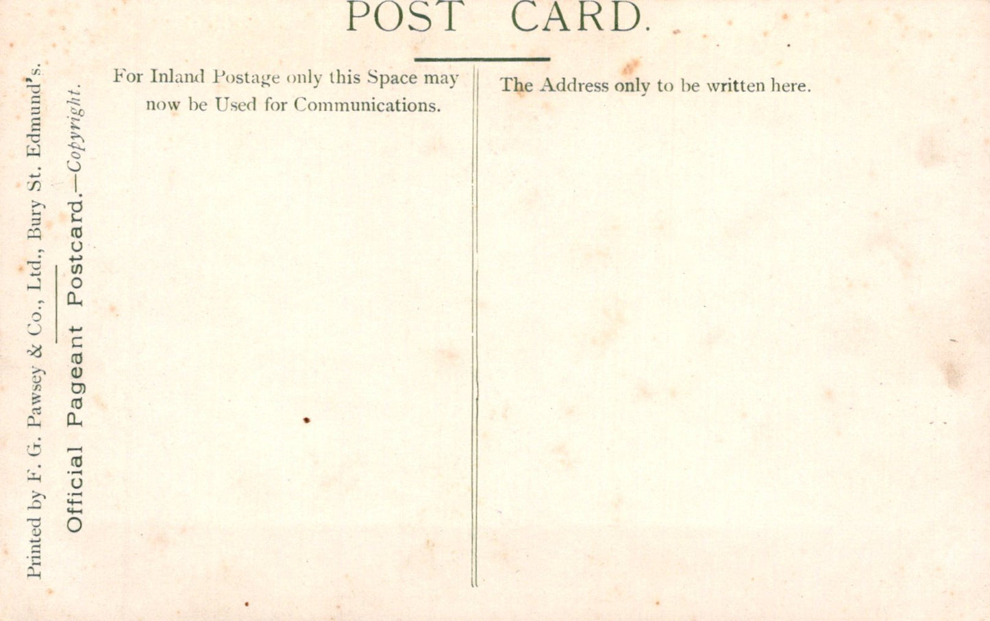 Vintage postcard with text and a vertical line on a light pink background