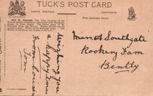 Load image into Gallery viewer, Vintage postcard with text and stamps on a brown background