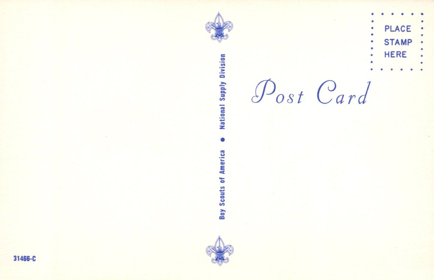 Vintage postcard with blue text and logos on a light background
