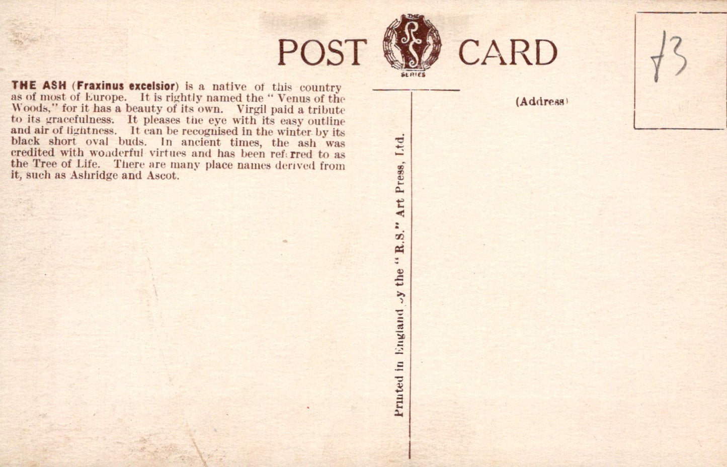 Vintage postcard with text and a logo on a beige background