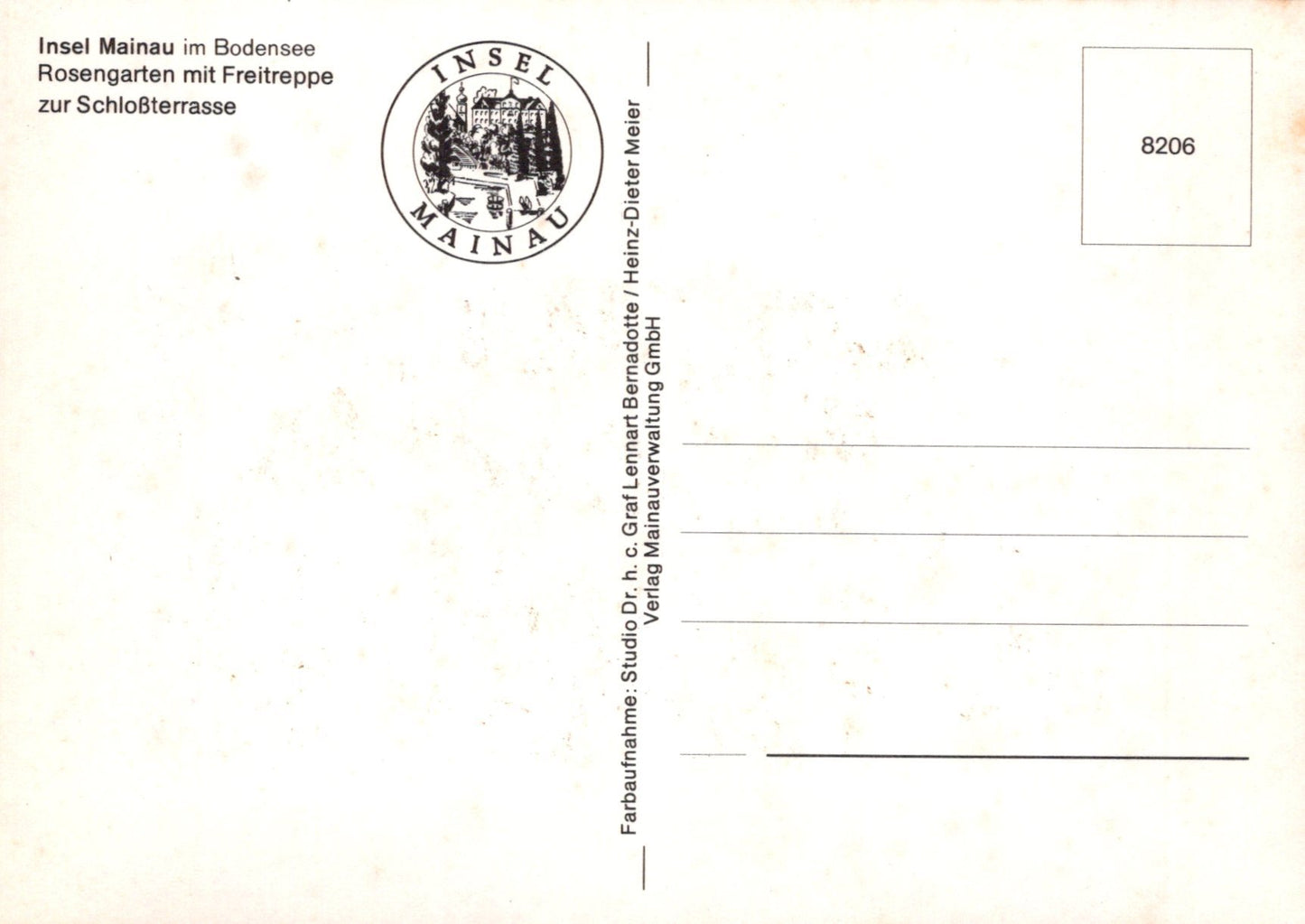 Vintage postcard with 'Insel Mainau' logo and text on a white background
