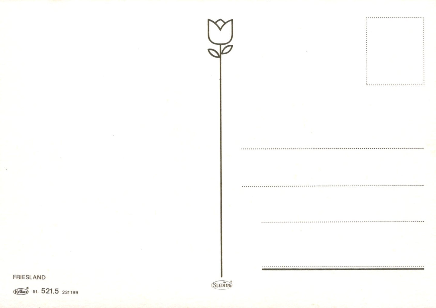 Blank postcard with a tulip design on the top left corner and lined writing area below.