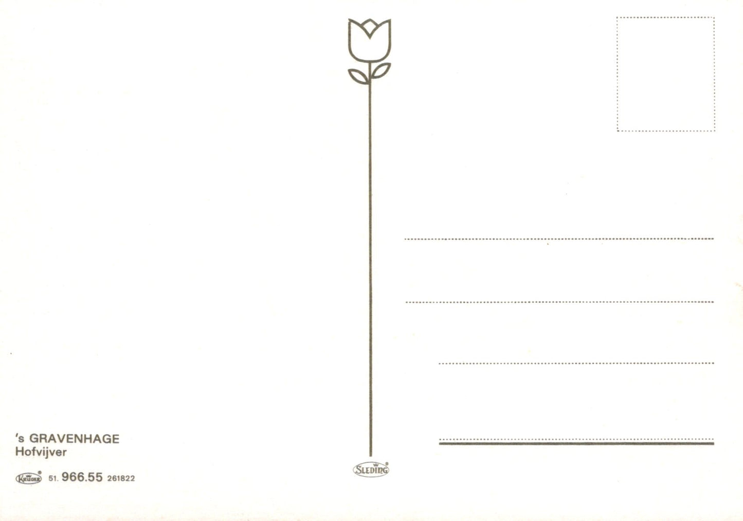 Blank postcard with a tulip design on the left side and lined areas for text on the right.