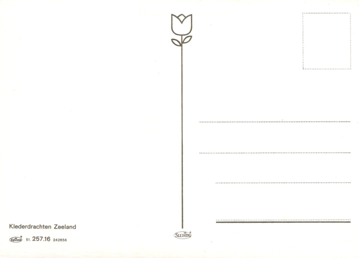Black and white line drawing of a tulip on a postcard with text and a stamp.