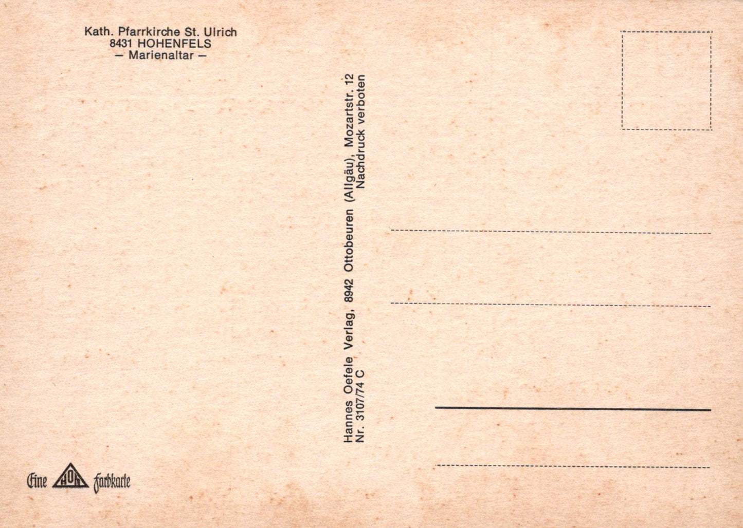 Back of a postcard with text and a logo on a beige background