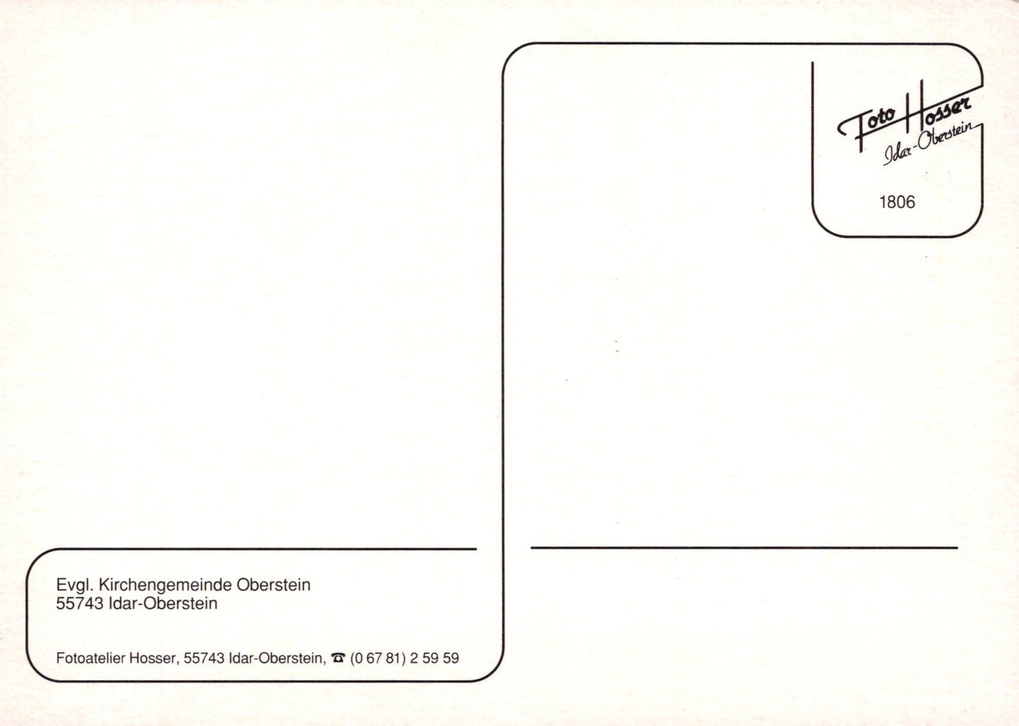 Back of a postcard with a logo and contact information on a white background
