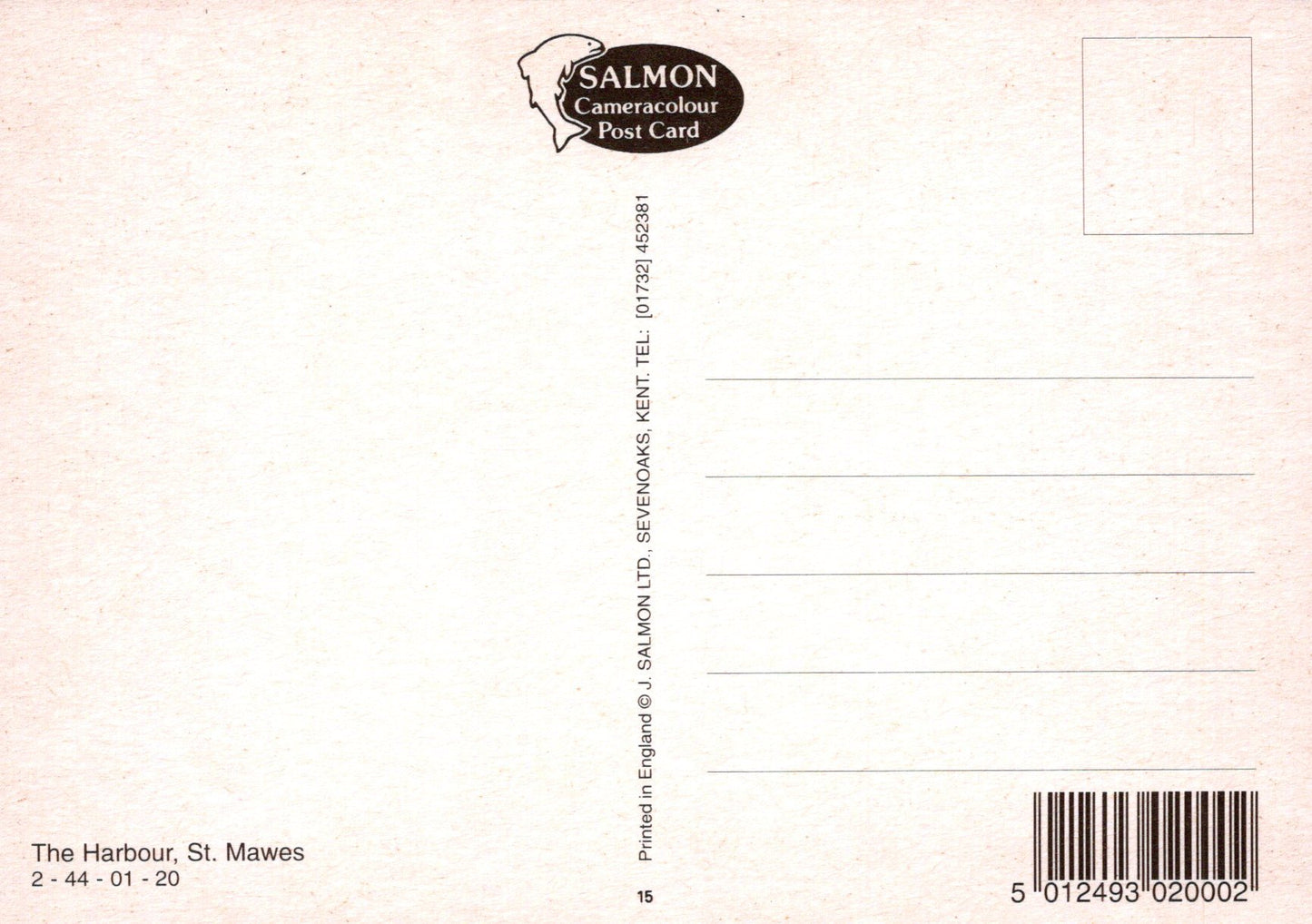 Back of a postcard with Salmon Cameracolour logo and text