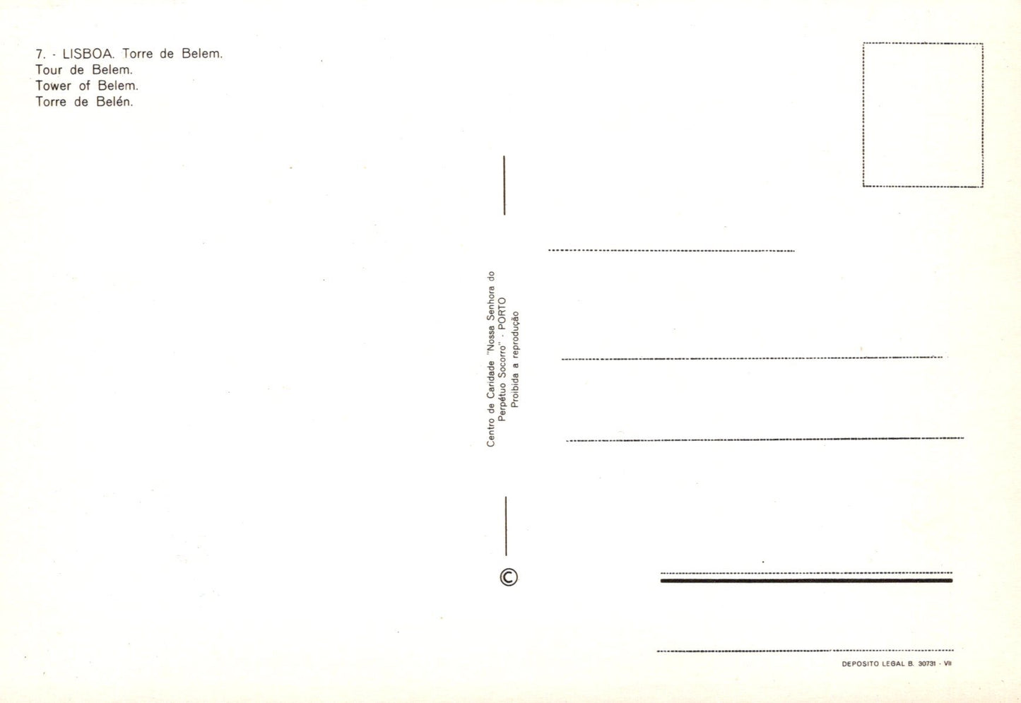 Back of a postcard with text and a small square area for a photo, on a beige background.