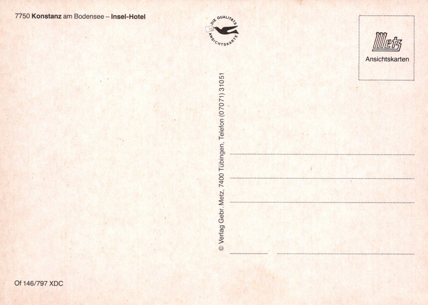 Back of a postcard with text and logos on a beige background