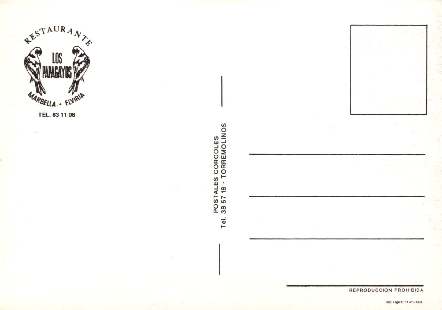 Back of a postcard with restaurant logo and contact information on a white background