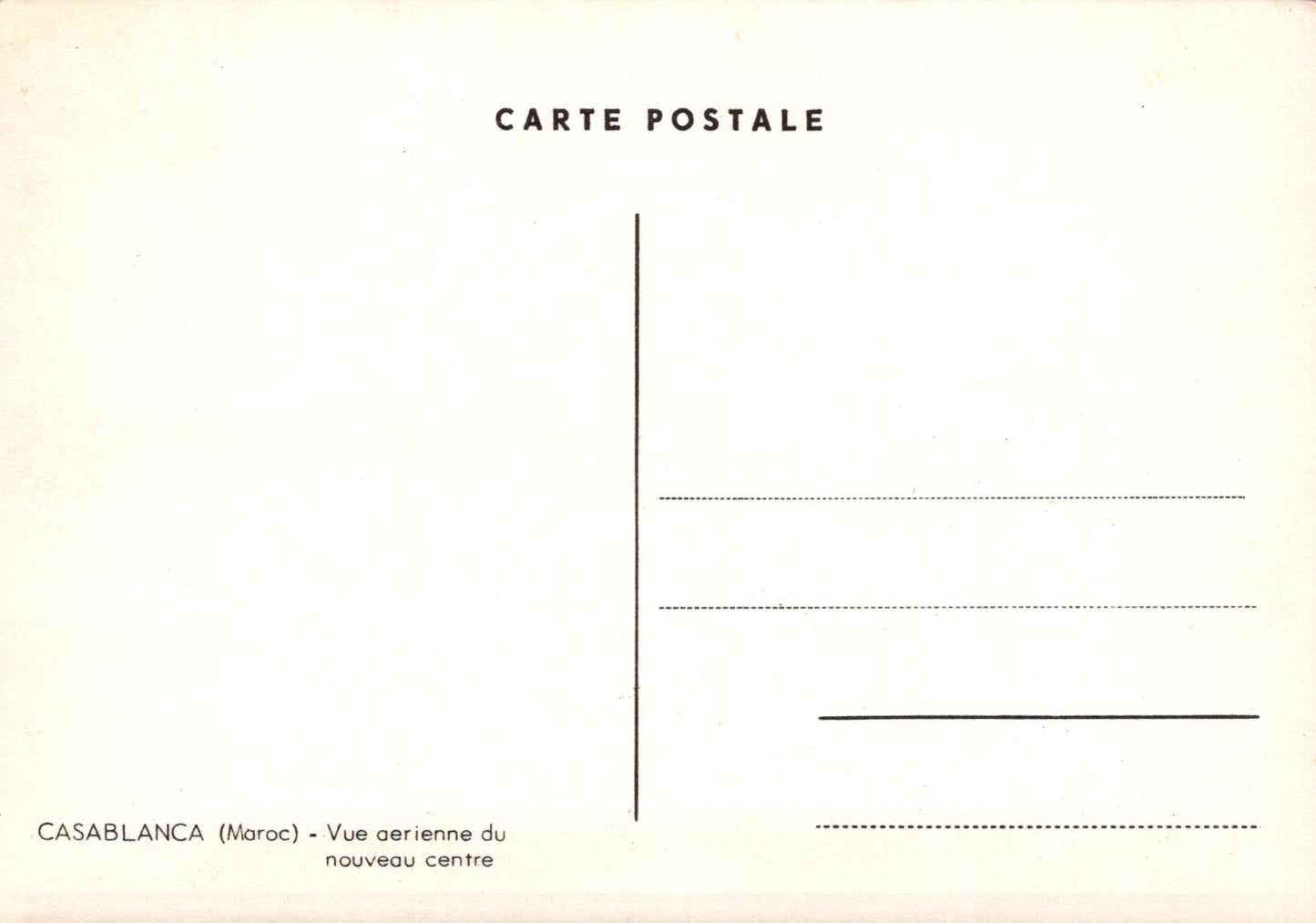 Blank postcard with 'CARTE POSTALE' text and an aerial view of Casablanca, Morocco.