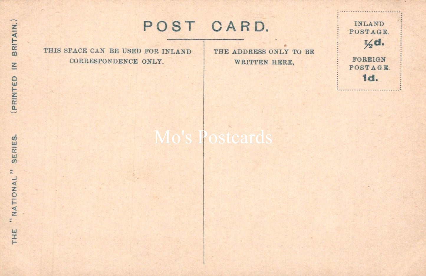Vintage-style postcard back with text and 'Mo's Postcards' branding