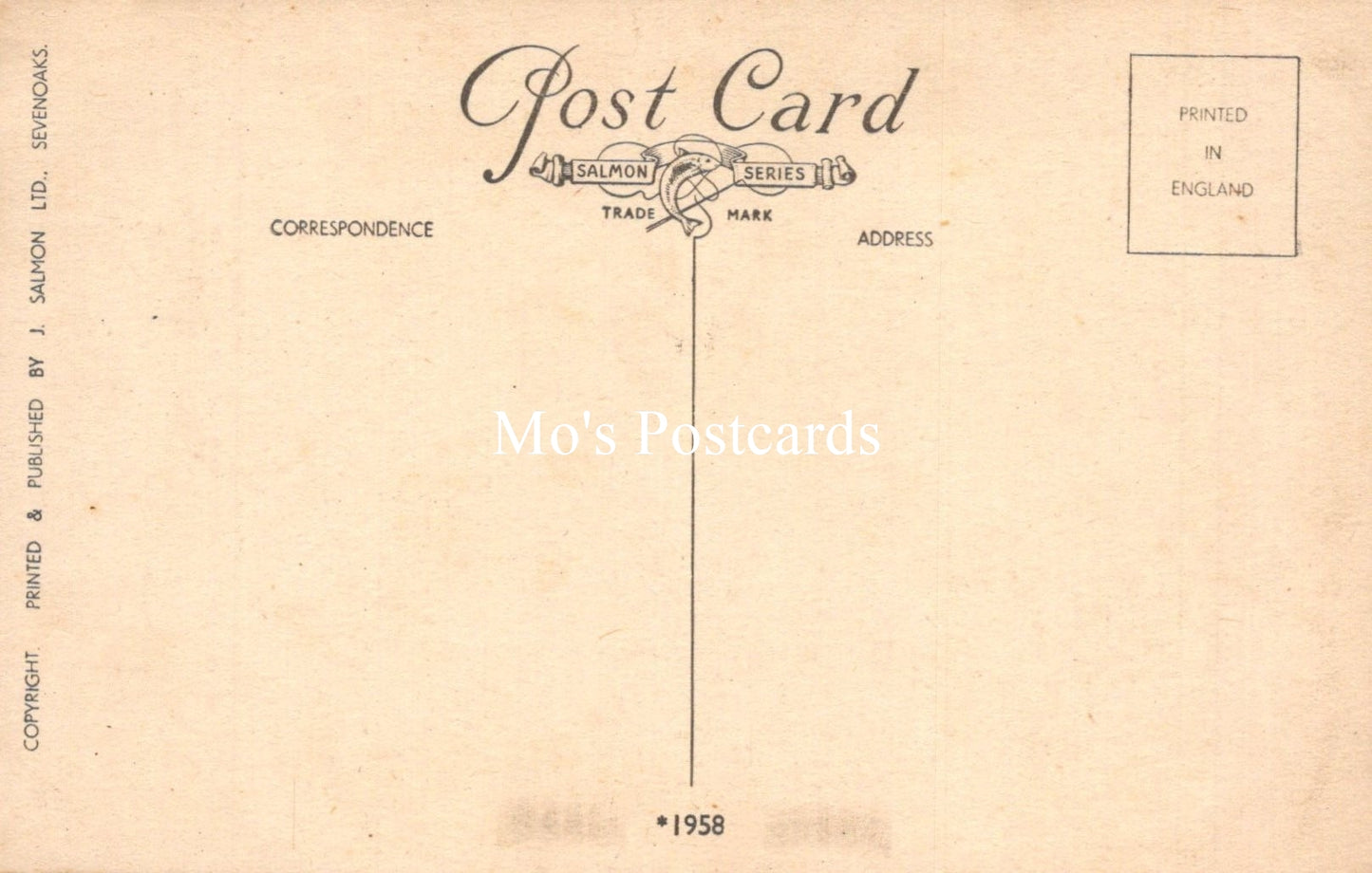 Vintage-style postcard with 'Mo's Postcards' branding and publication details.