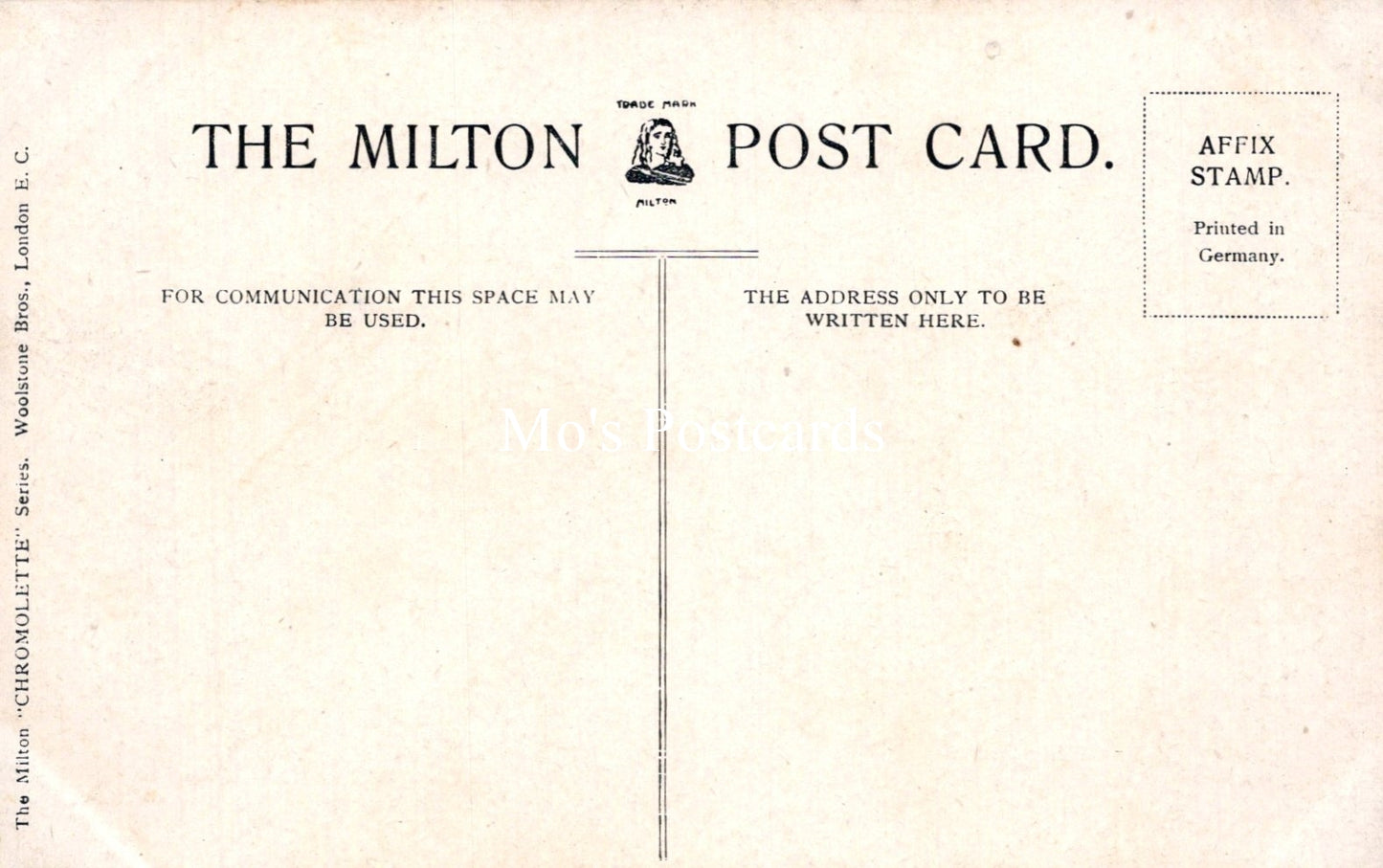 Vintage Milton postcard with text and a stamp placeholder on a beige background