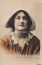 Load image into Gallery viewer, Vintage-style postcard with a woman wearing a white bonnet and brown dress, featuring 'Mo's Postcards' branding.