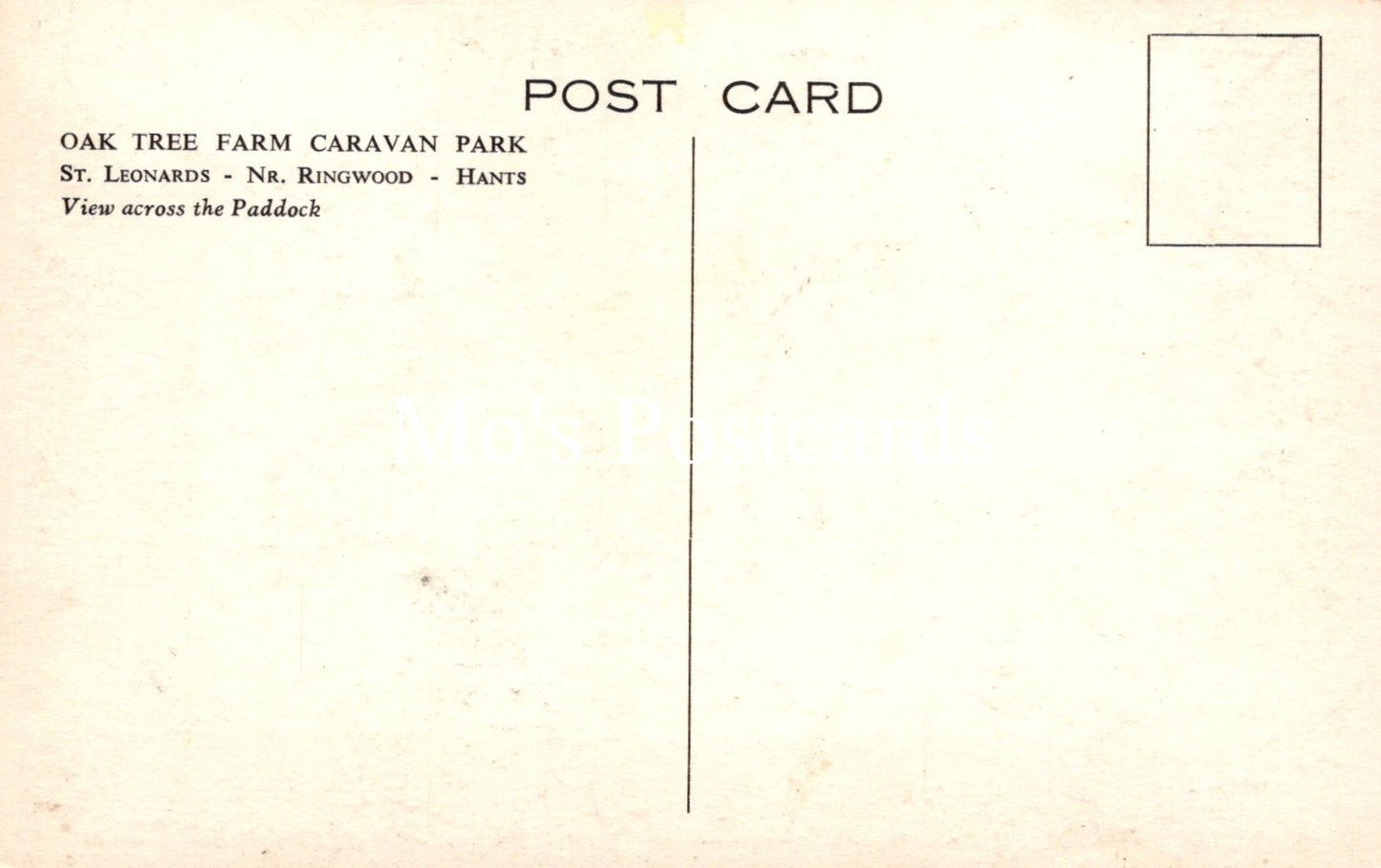 Back of a postcard from Oak Tree Farm Caravan Park with text and a blank space for a photo.