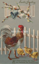 Load image into Gallery viewer, Vintage Easter postcard with rooster and chicks, featuring a fence and floral elements.