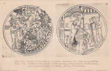Load image into Gallery viewer, Two circular illustrations of St. Guthlac of Crowland from the late 12th century, with text below.