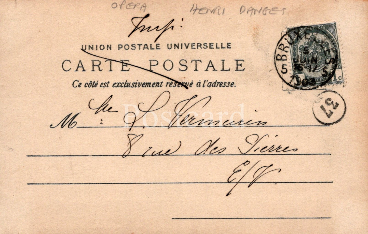 Vintage postcard with postal markings and text, featuring a stamp and address details.