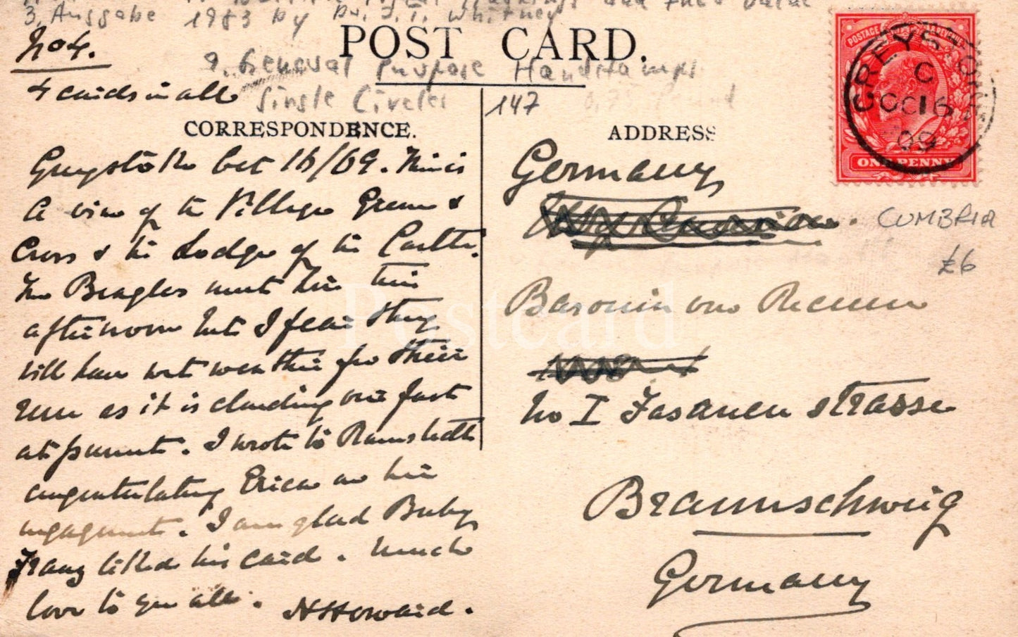 Vintage postcard with text and a red stamp on a beige background