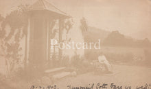 Load image into Gallery viewer, Vintage sepia-toned postcard with a gazebo and landscape