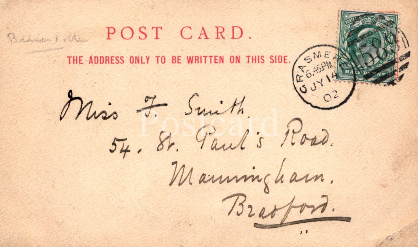 Vintage postcard with text and stamp, featuring a handwritten address.
