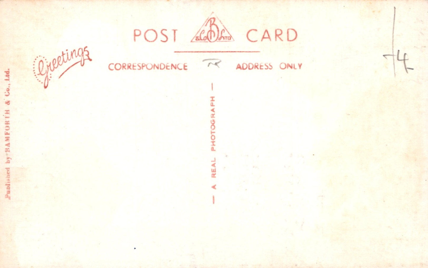Back of a vintage postcard with red text on a yellowed paper background