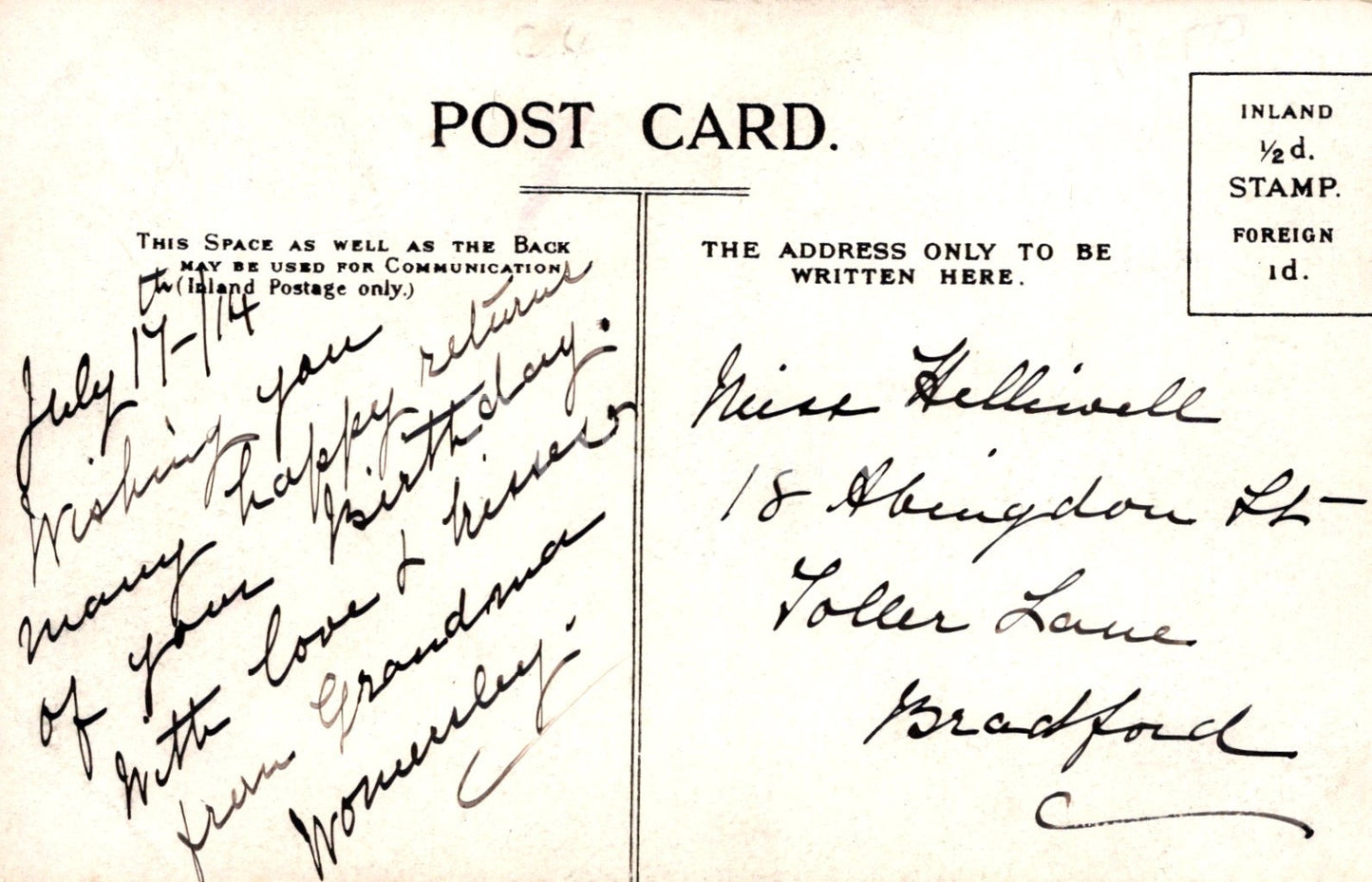 Vintage postcard with handwritten text and address details.