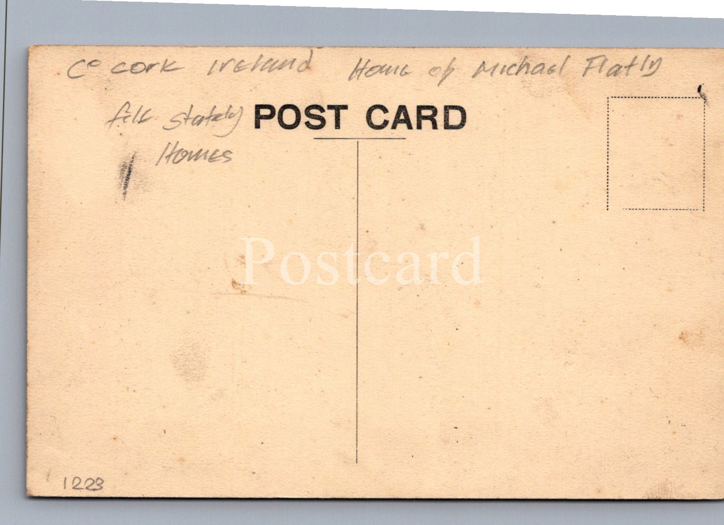 Back of a postcard from Cork, Ireland with text and a stamp.