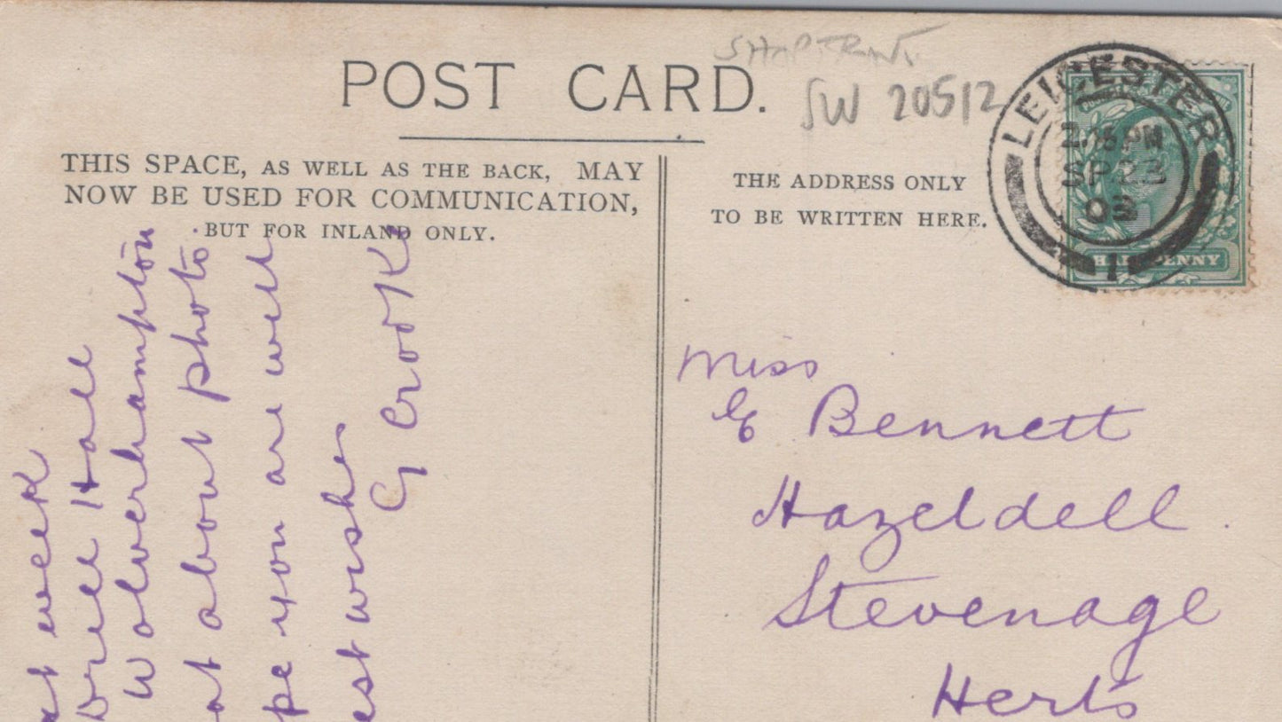 Vintage postcard with handwritten text and a stamp, featuring the address 'Miss E. Bennett, Hazel Dell, Stevenage, Herts'.