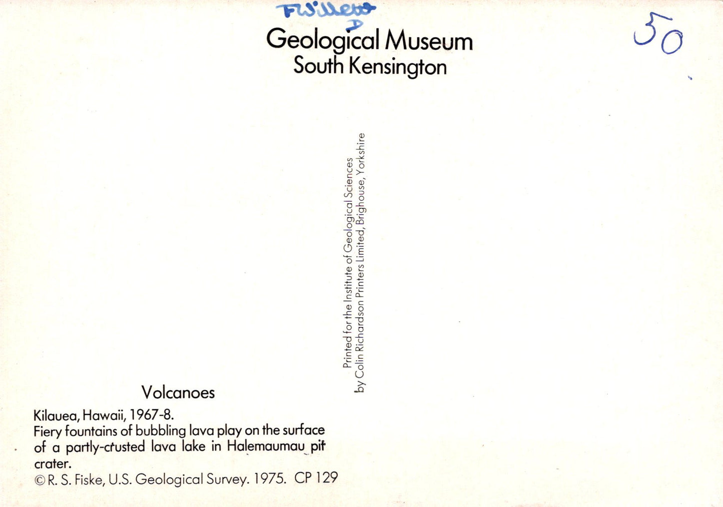 Back cover of a book or document related to the Geological Museum South Kensington with text about volcanoes.