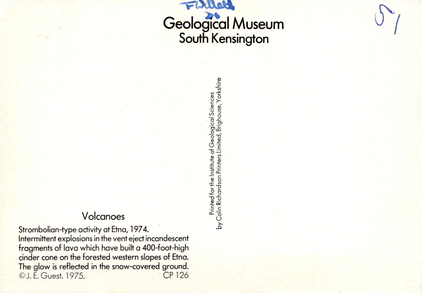 Brochure or leaflet from the Geological Museum at South Kensington with text about volcanoes.