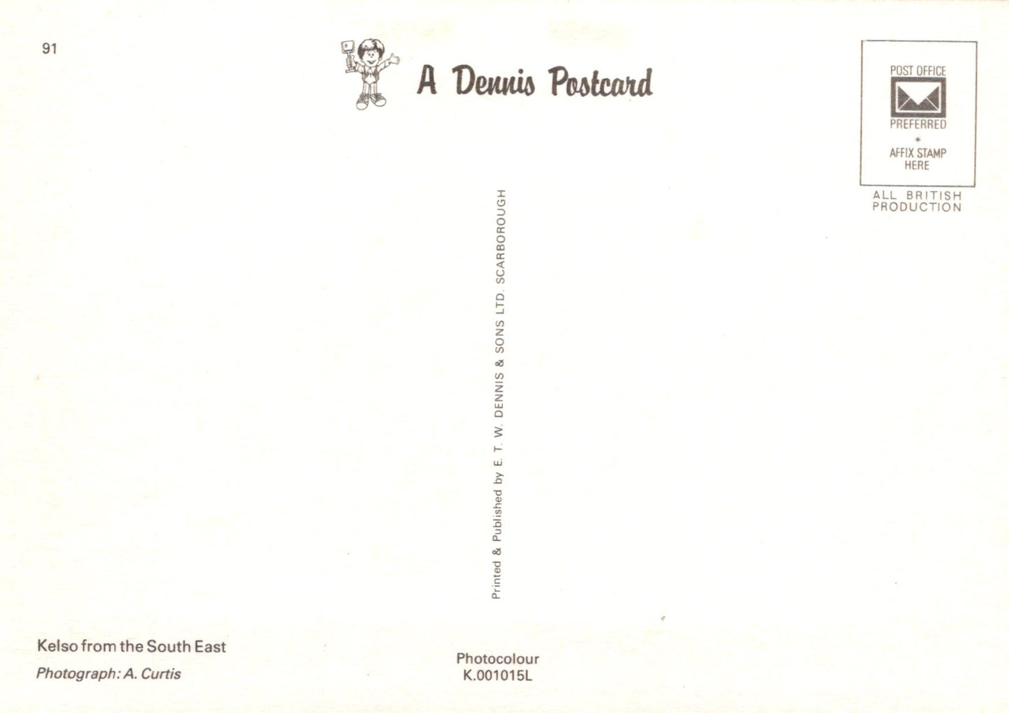 Back of a Dennis the Menace postcard with text and a logo.