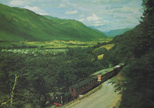 Load image into Gallery viewer, Vintage-style painting of a steam train traveling through a scenic mountain landscape.