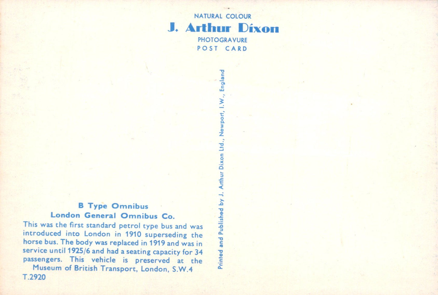 Vintage postcard with text about a B Type Omnibus and J. Arthur Dixon's photography.