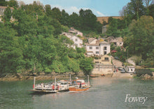 Load image into Gallery viewer, Ferry on a river with houses and trees in the background, labeled 'Fowey'.