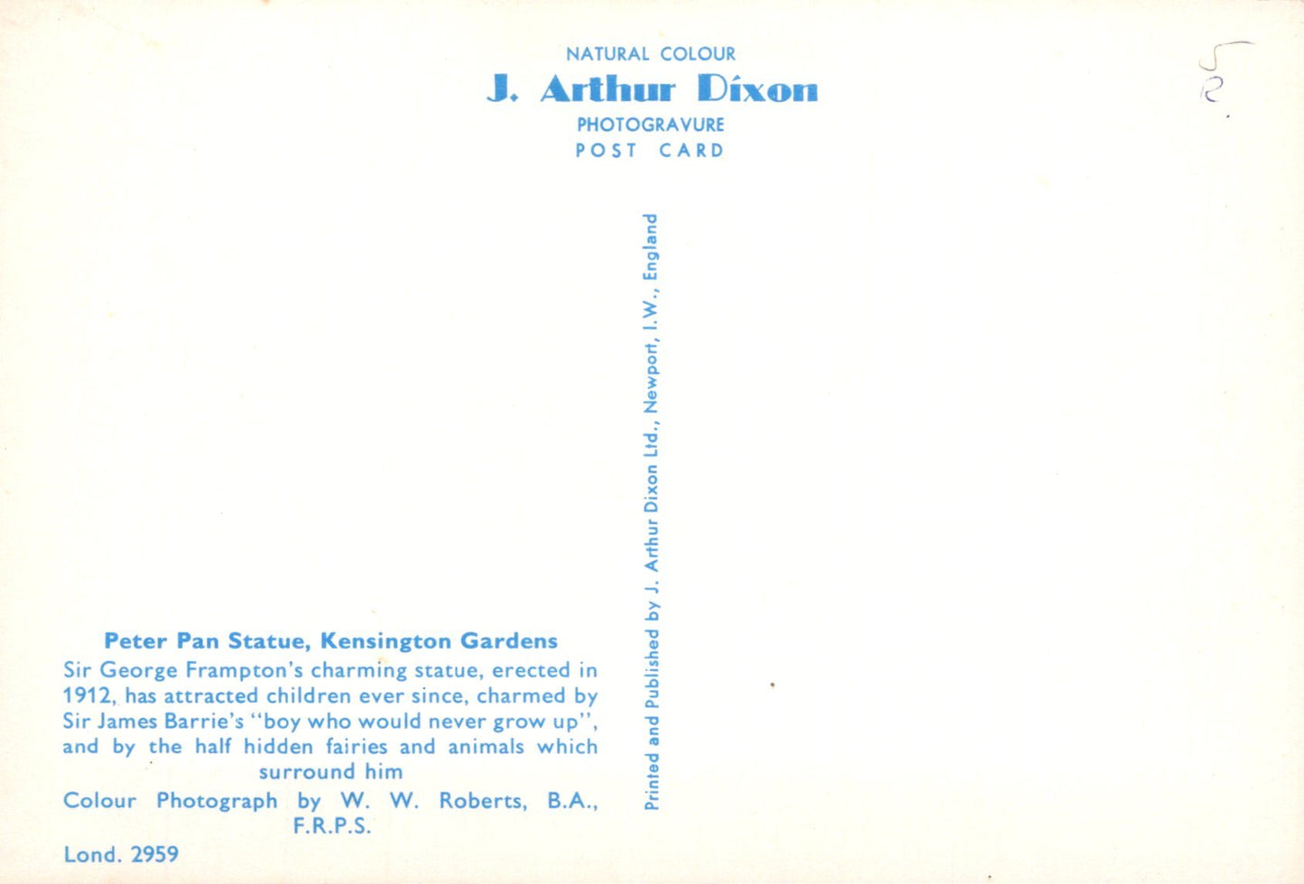 Back of a postcard with text about the Peter Pan statue in Kensington Gardens, London, featuring J. Arthur Dixon's photography.